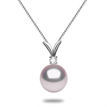 Diamond Wishbone White Japanese Akoya Pearl Pendant