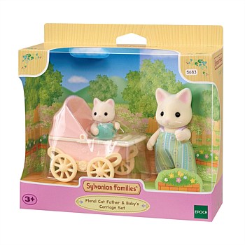 Floral Cat Father & Baby''s Carriage Set