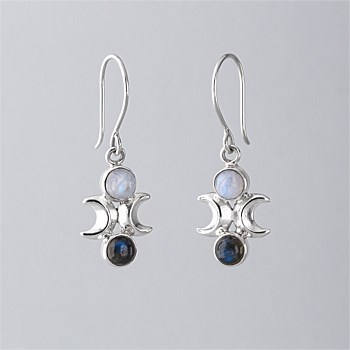 Moon Phase Earrings in Sterling Silver with Labradorite and Rainbow Moonstone