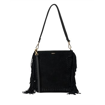 Claudette Shoulder Bag Black Suede + Fringe