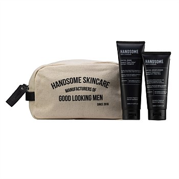 Handsome Essentials Set: Facial Wash 125ml + Facial Moisturiser 100ml in cream washbag